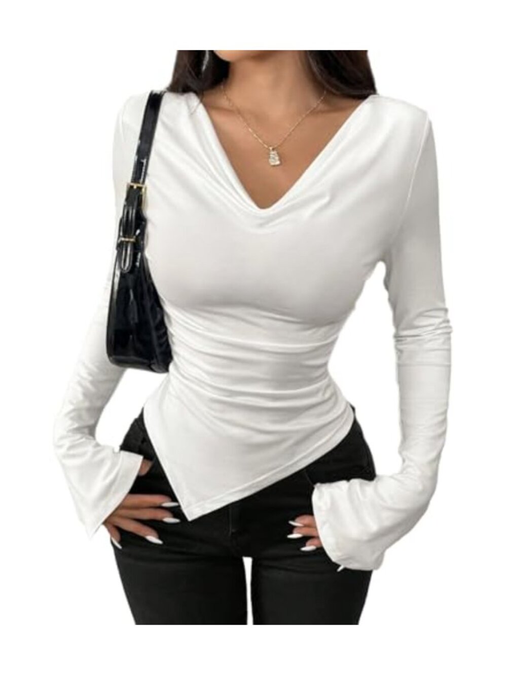 Women's Asymmetrical Cowl Neck Slim Fit Crop Top Bell Long Sleeve Y2K Club Shirt